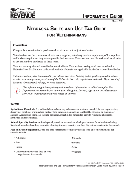 Nebraska Sales And Use Tax Guide For Veterinarians - 2011 Printable pdf