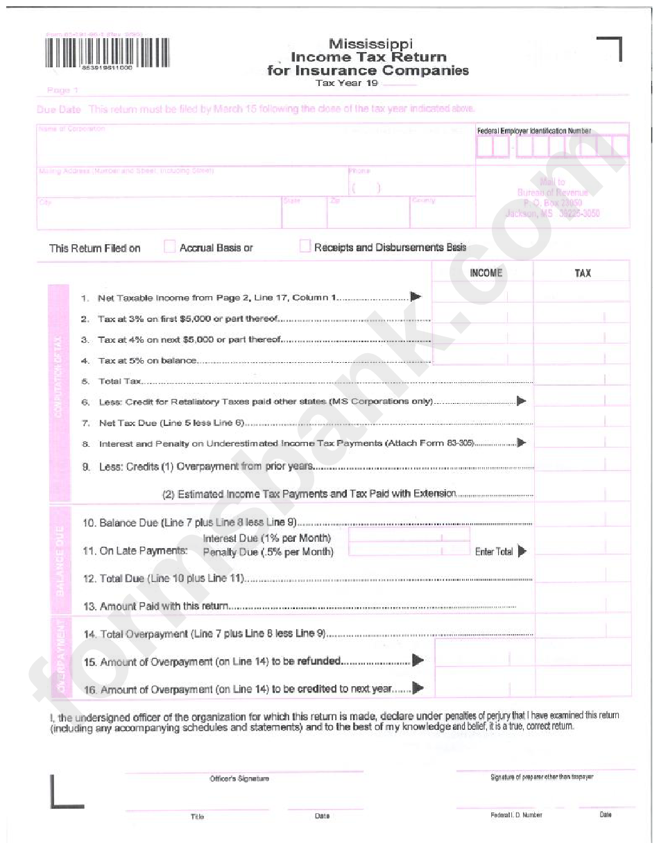 Income Tax Return For Insurance Companies Form - Mississippi