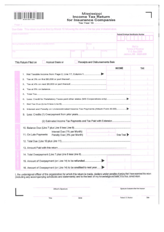 Income Tax Return For Insurance Companies Form - Mississippi Printable pdf