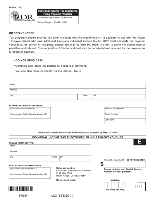 Fillable Form R-540v - Individual Income Tax Electronic Filing Payment Voucher - Louisiana Department Of Revenue Printable pdf