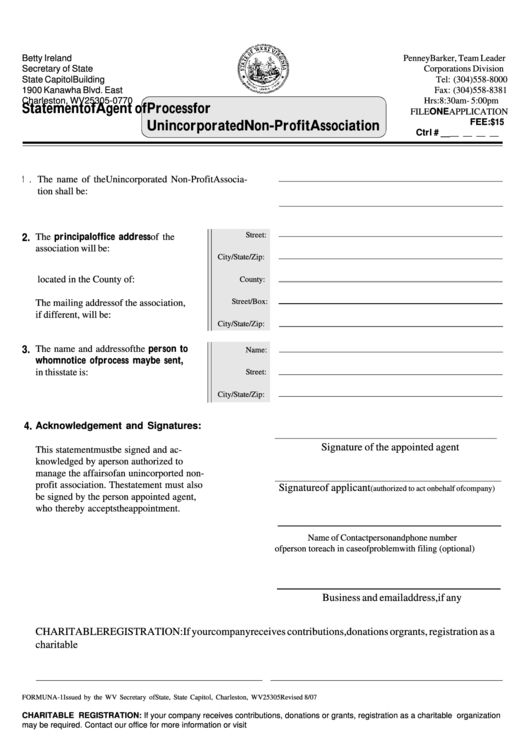 Fillable Form Una-1 - Statement Of Agent Of Process For Unincorporated Non-Profit Association - 2007 Printable pdf