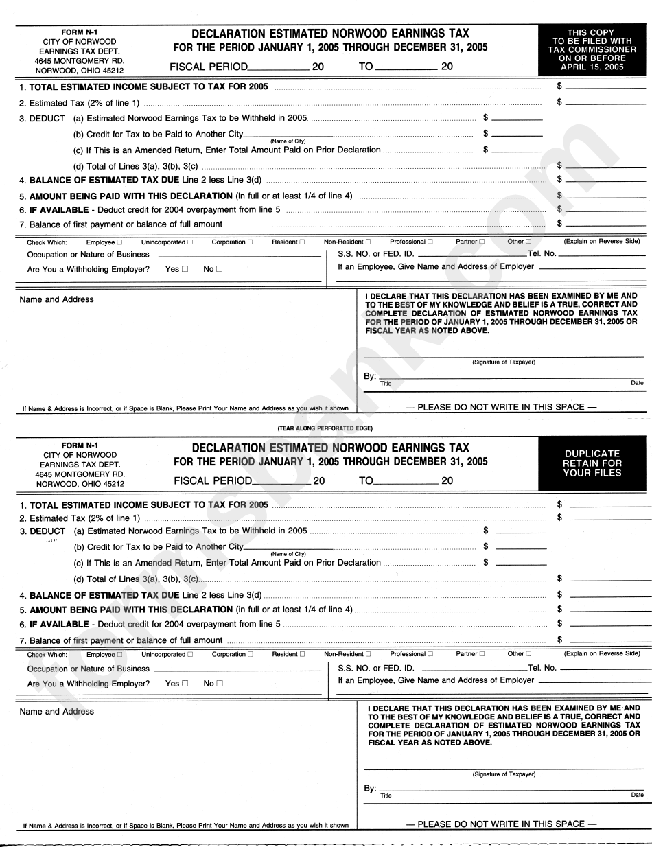 Form N-1 - Declaration Estimated Norwood Tax - Earnings Tax Department - City Of Norwood - 2005