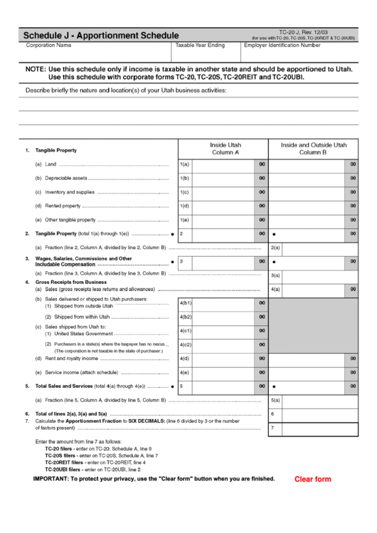 Fillable Form Tc-20 - Schedule J - Apportionment Schedule Printable pdf