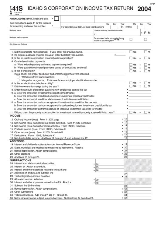 Fillable Form 41s - Idaho S Corporation Income Tax Return - 2004 Printable pdf
