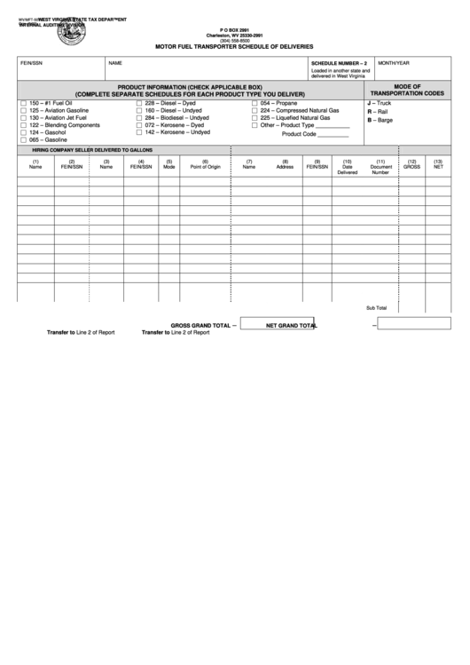 Form Wv/mft-507 B - Motor Fuel Transporter Schedule Of Deliveries - Schedule Number 2 Printable pdf
