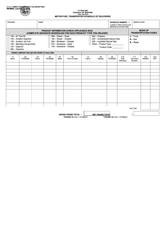 Form Wv/mft-507 A - Motor Fuel Transporter Schedule Of Deliveries - Schedule Number 1 Printable pdf