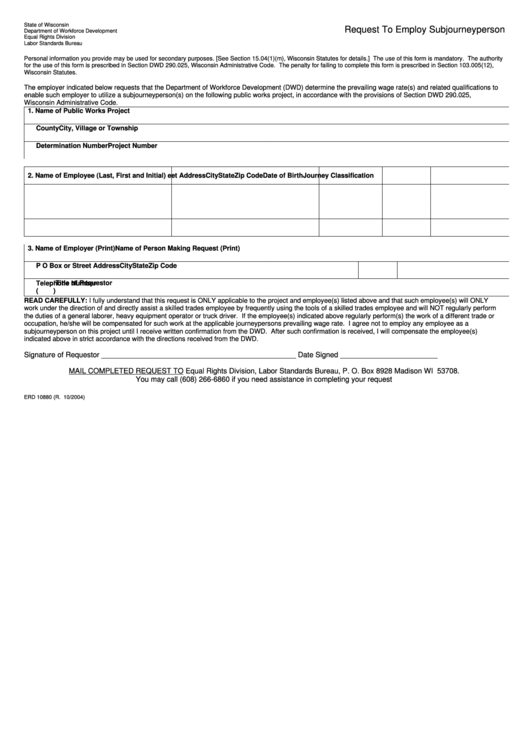 Form Erd 10880 - Request To Employ Subjourneyperson - Department Of Workforce Development - 2004 Printable pdf