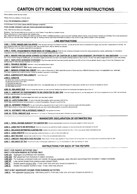 Income Tax Form Instructions - Canton City printable pdf download