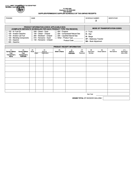 Form Wv/mft-504b - Supplier/permissive Supplier Schedule Of Tax-Unpaid Receipts - 2003 Printable pdf