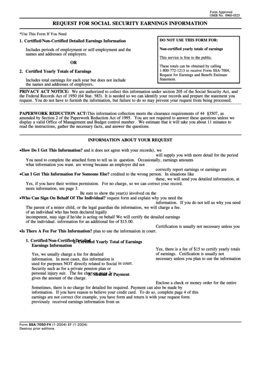 Form Ssa-7050-F4 - Request For Social Security Earnings Information Printable pdf