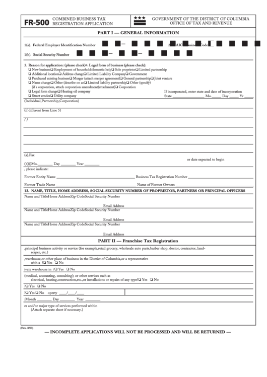 Form Fr 500 Combined Business Tax Registration Application Printable 