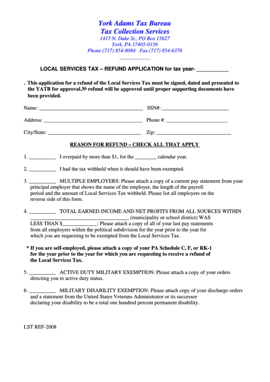 Form Lst Ref-2008 - Local Services Tax Refund Application For Tax Year Printable pdf