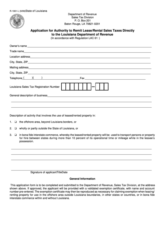 Fillable Form R-1061-L - Application For Authority To Remit Lease/rental Sales Taxes Directly To The Louisiana Department Of Revenue Printable pdf