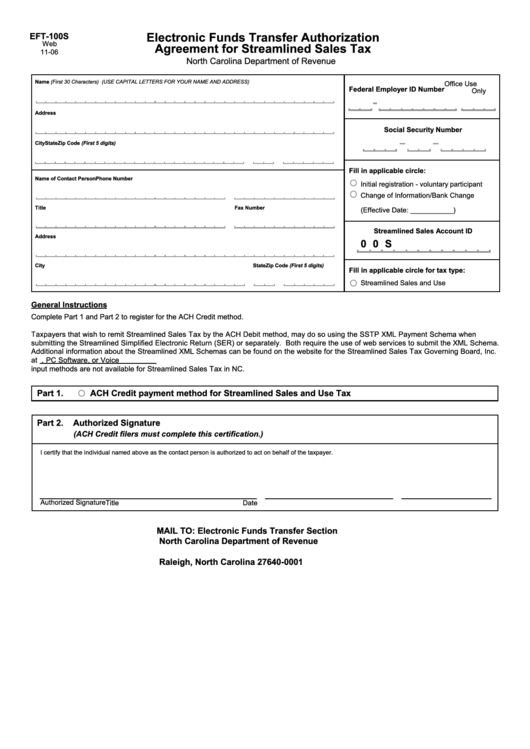 Form Eft-100s - Electronic Funds Transfer Authorization Agreement For Streamlined Sales Tax Printable pdf