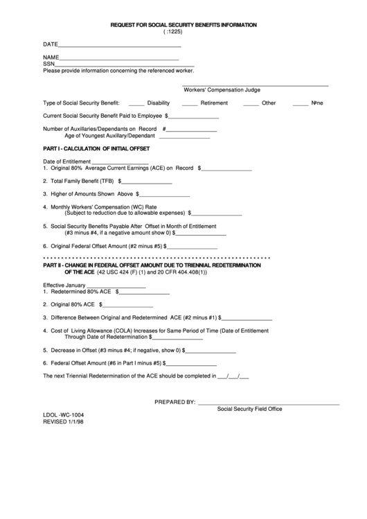 Fillable Form Ldol -Wc-1004 - Request For Social Security Benefits Information - 1998 Printable pdf