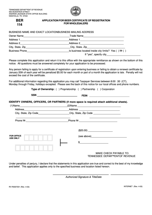Form Ber 114 - Application For Beer Certificate Of Registration For Wholesalers Printable pdf