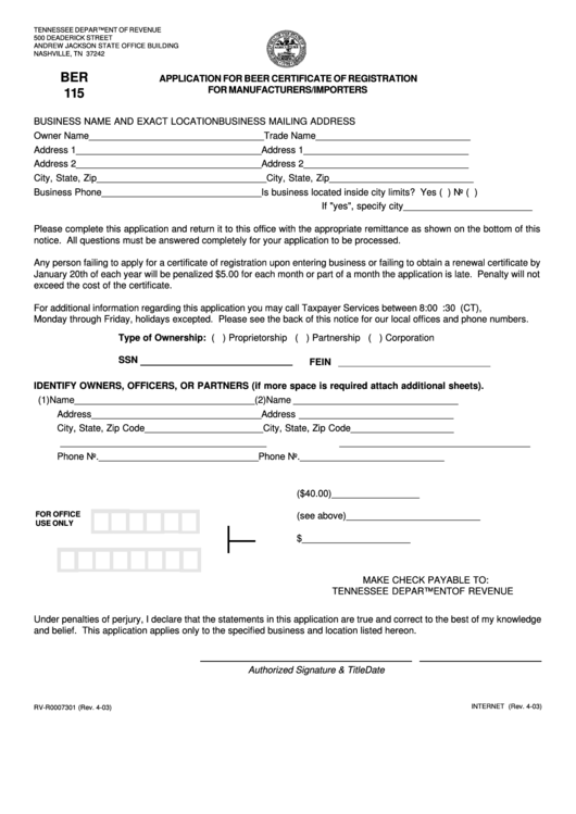 Form Ber 115 - Application For Beer Certificate Of Registration For Manufacturers/importers Printable pdf