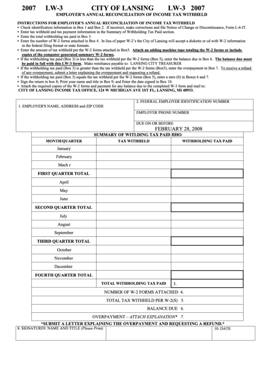 Fillable Form Lw-3 - Employer'S Annual Reconciliation Of Income Tax ...