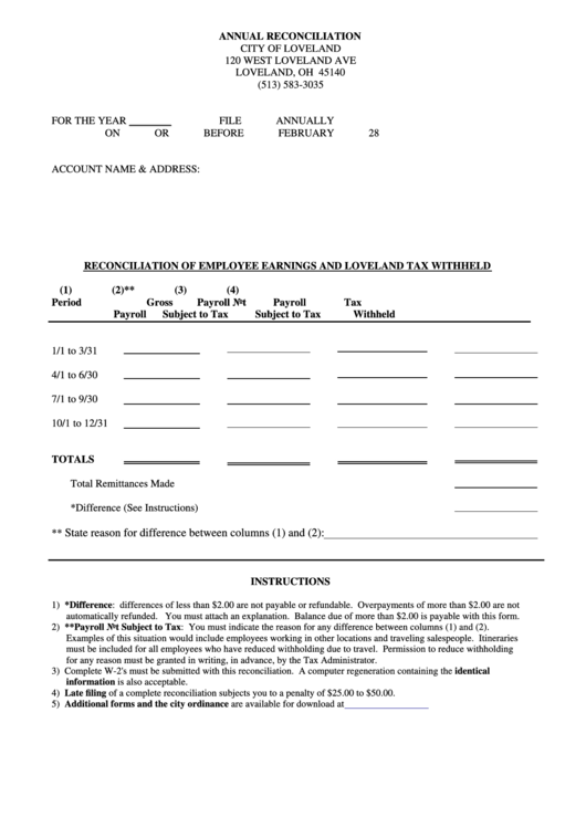 Reconciliation Of Employee Earnings And Loveland Tax Withheld Form Printable pdf