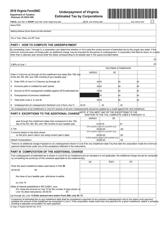 Fillable Form 500c - Underpayment Of Virginia Estimated Tax By Corporations - 2016 Printable pdf