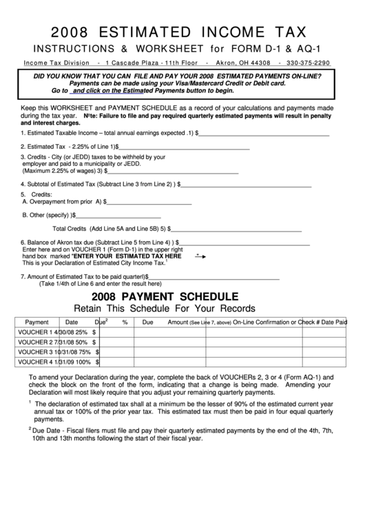 Estimated Income Tax Instructions & Worksheet For Form D-1 & Aq-1 - Income Tax Division - 2008 Printable pdf