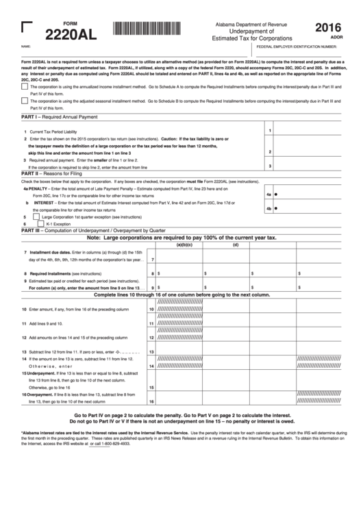 Fillable Form 2220al - Underpayment Of Estimated Tax For Corporations - 2016 Printable pdf