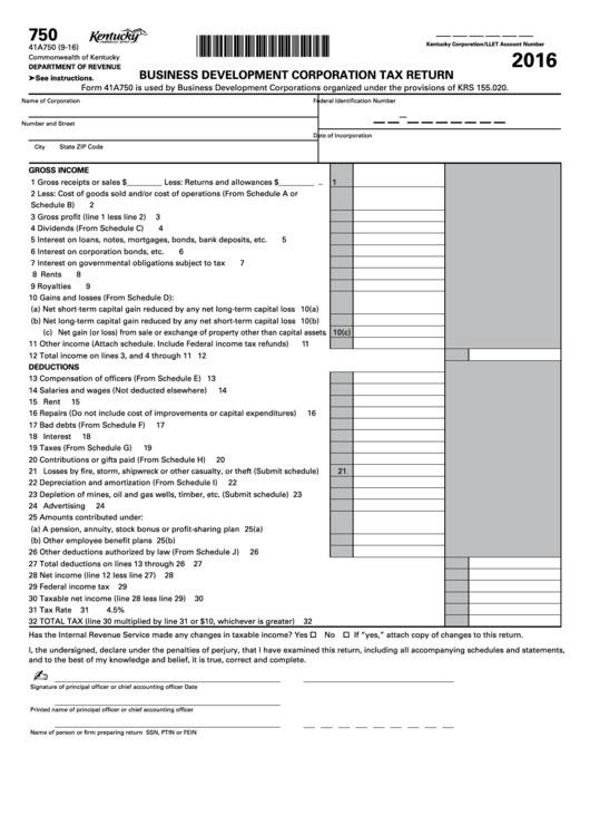 Form 41a750 - Business Development Corporation Tax Return - 2016 Printable pdf