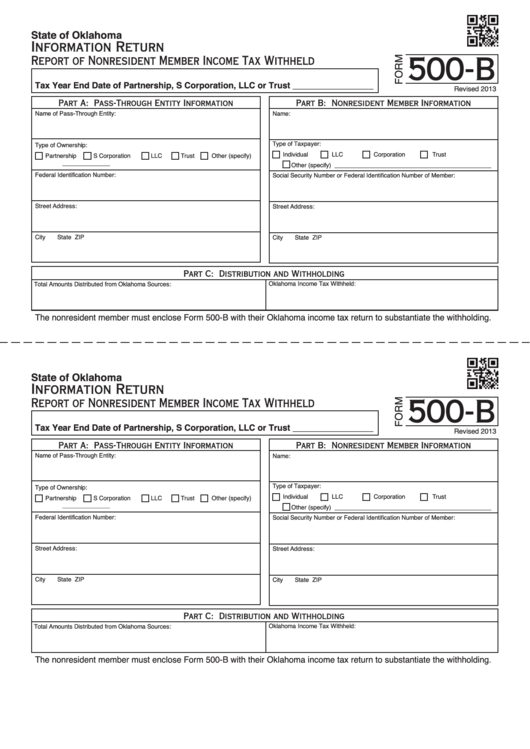 Fillable Form 500-B - Information Return Report Of Nonresident Member Income Tax Withheld Printable pdf