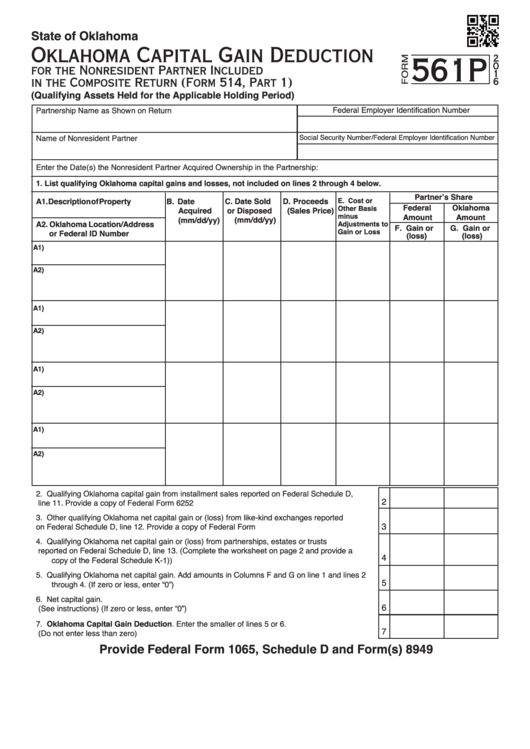 Fillable Form 561p - Oklahoma Capital Gain Deduction For The Nonresident Partner Included In The Composite Return - 2016 Printable pdf