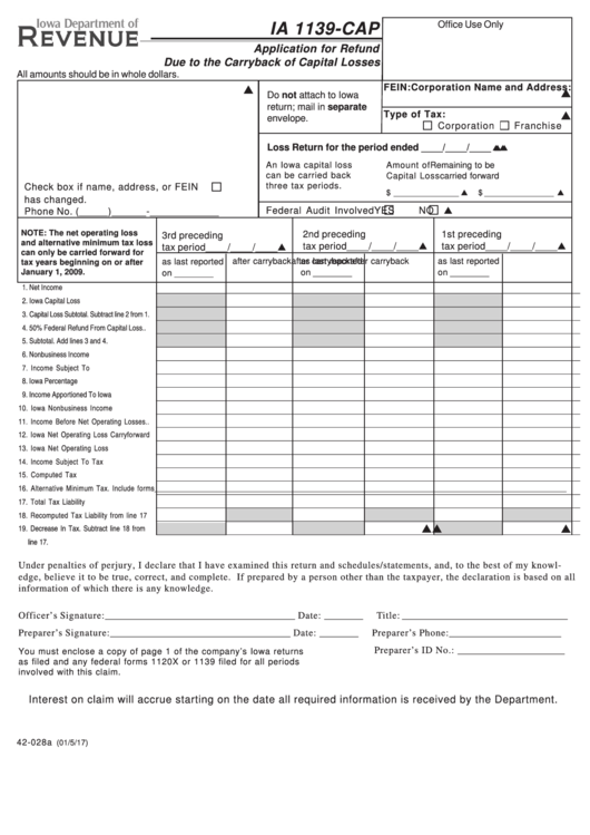 Form Ia 1139-cap - Application For Refund Due To The Carryback Of Capital Losses