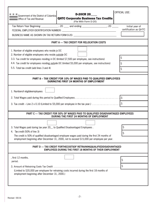 Form D-20cr - Qhtc Corporate Business Tax Credits
