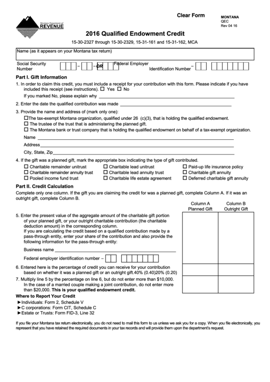 Fillable Montana Form Qec - Qualified Endowment Credit - 2016 Printable pdf