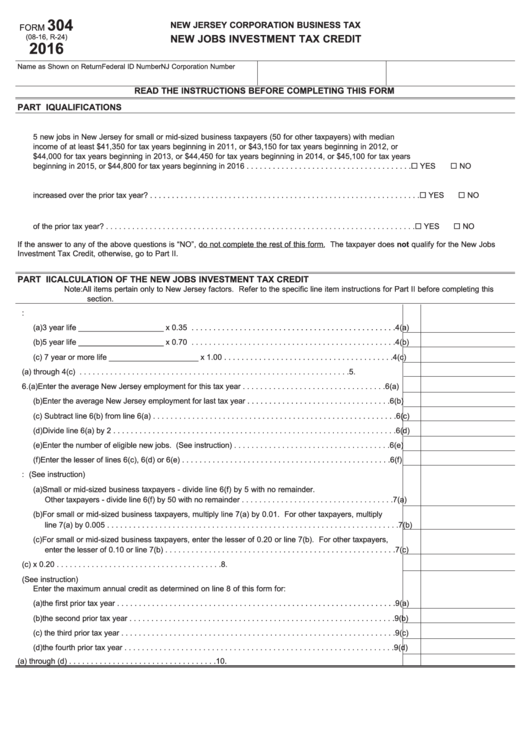 Fillable Form 304 - New Jobs Investment Tax Credit - 2016 Printable pdf