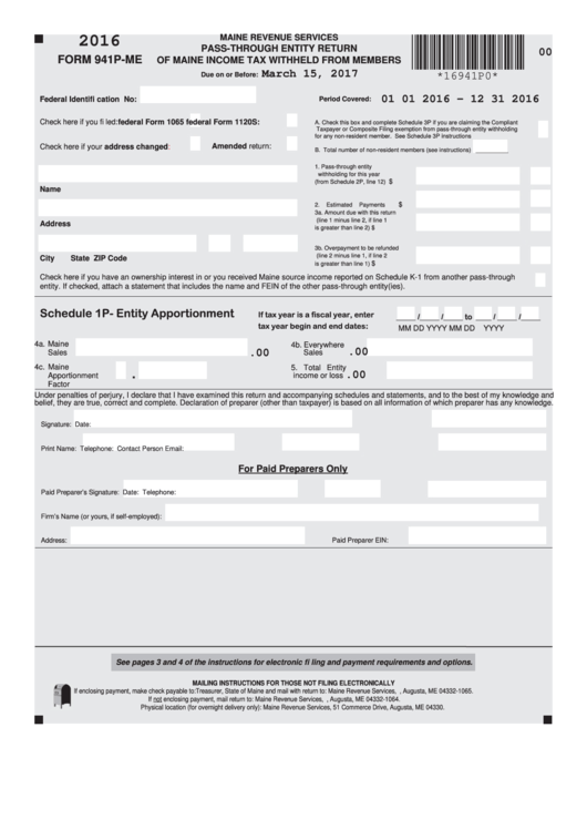 Form 941p-Me - Pass-Through Entity Return Of Maine Income Tax Withheld From Members - 2016 Printable pdf