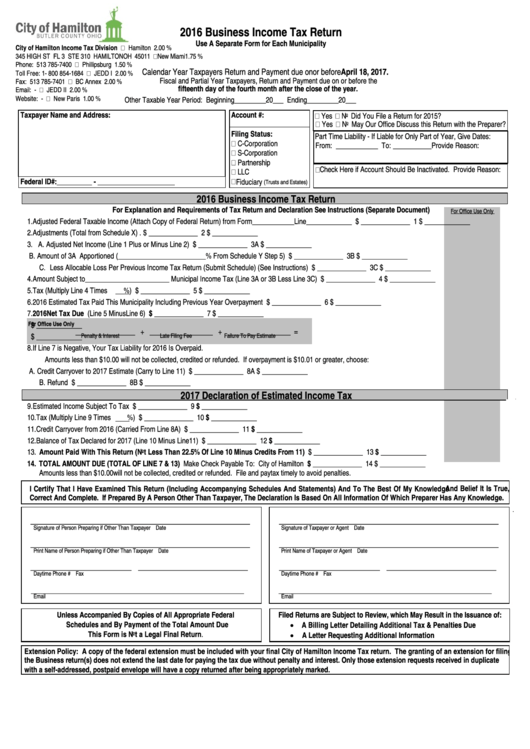 Business Income Tax Return Form - City Of Hamilton - 2016 Printable pdf