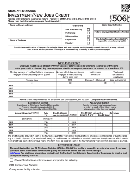 Fillable Form 506 - Investment/new Jobs Credit - 2016 Printable pdf