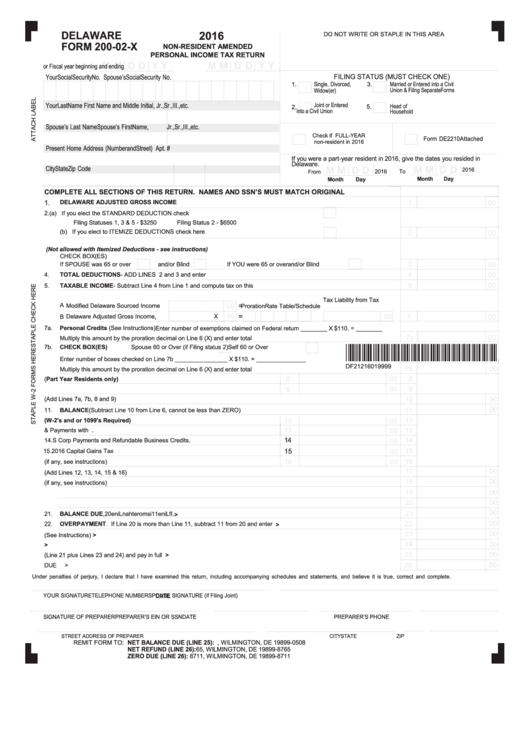 Fillable Form 200-02-X - Non-Resident Amended Personal Income Tax Return - 2016 Printable pdf
