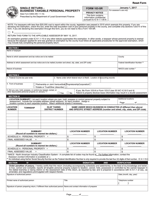 Fillable State Form 53854 - Single Return - Business Tangible Personal Property Printable pdf