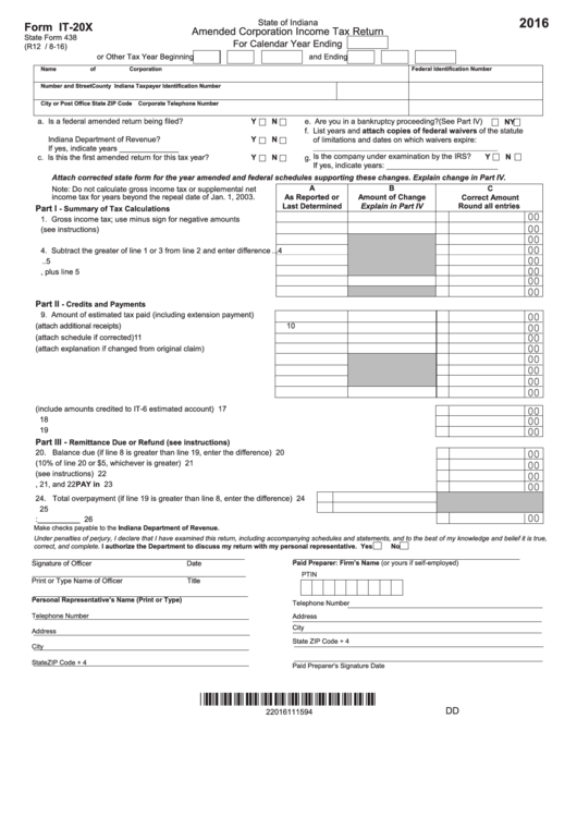 Fillable Form It-20x - Amended Corporation Income Tax Return - 2016 Printable pdf