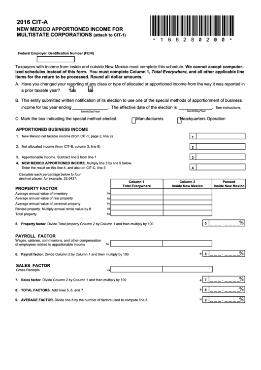 Form Cit-A - New Mexico Apportioned Income For Multistate Corporations - 2016 Printable pdf