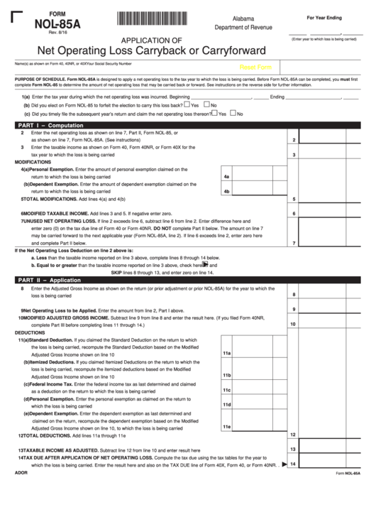 Fillable Form Nol-85a - Application Of Net Operating Loss Carryback Or Carryforward Printable pdf