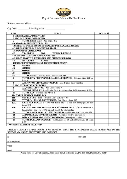 City Of Dacono Sale And Use Tax Return Form Printable pdf