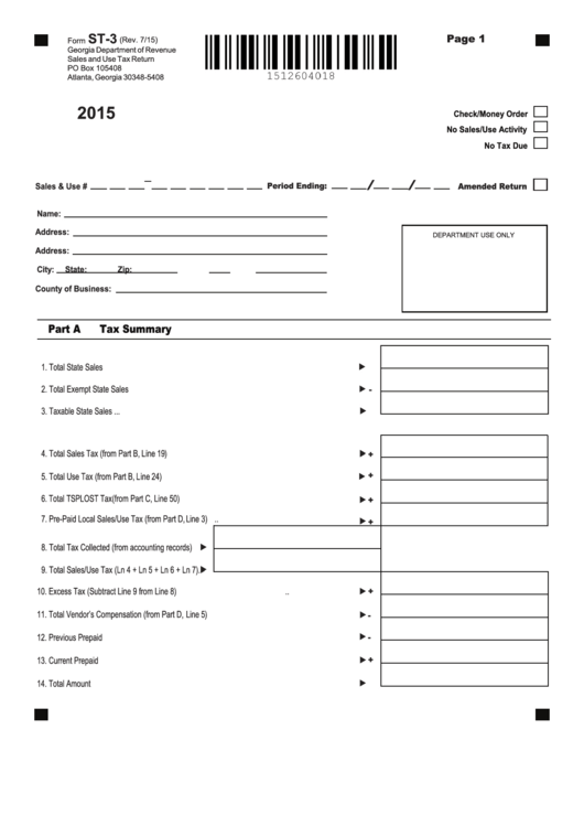 Fillable Form St-3 - Sales And Use Tax Return - 2015 Printable pdf
