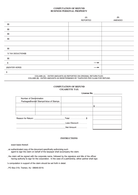 Form A-3730 - Computation Of Refund Business Personal Property/refund Cigarette Tax Printable pdf
