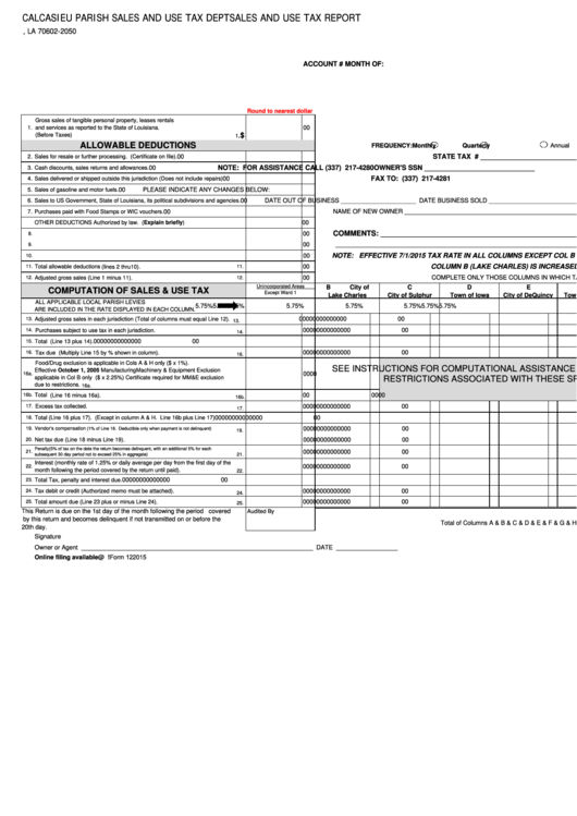 Fillable Form 122015 - Sales And Use Tax Report Printable pdf