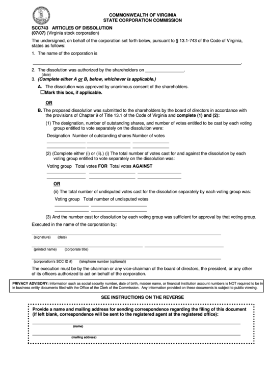 Form Scc743 - Articles Of Dissolution Printable pdf