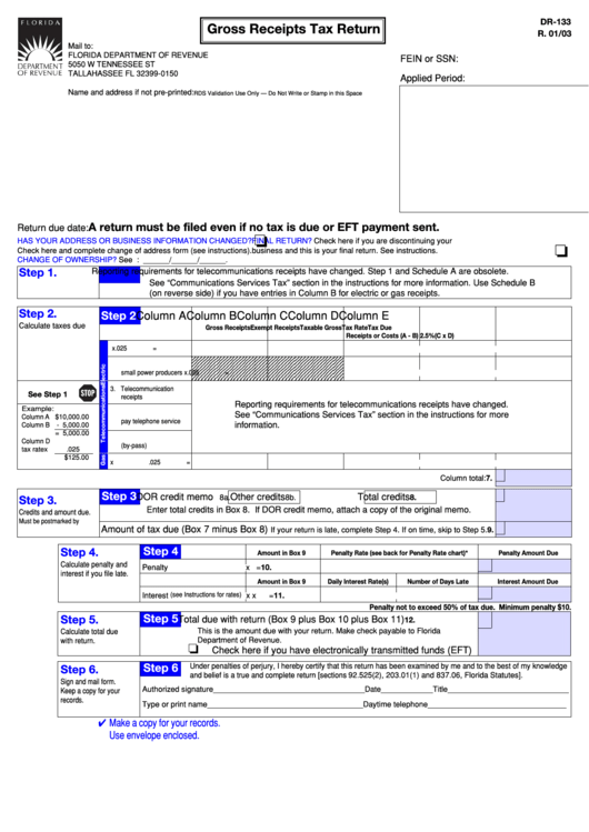 Form Dr-133 - Gross Receipts Tax Return - 2003 Printable pdf