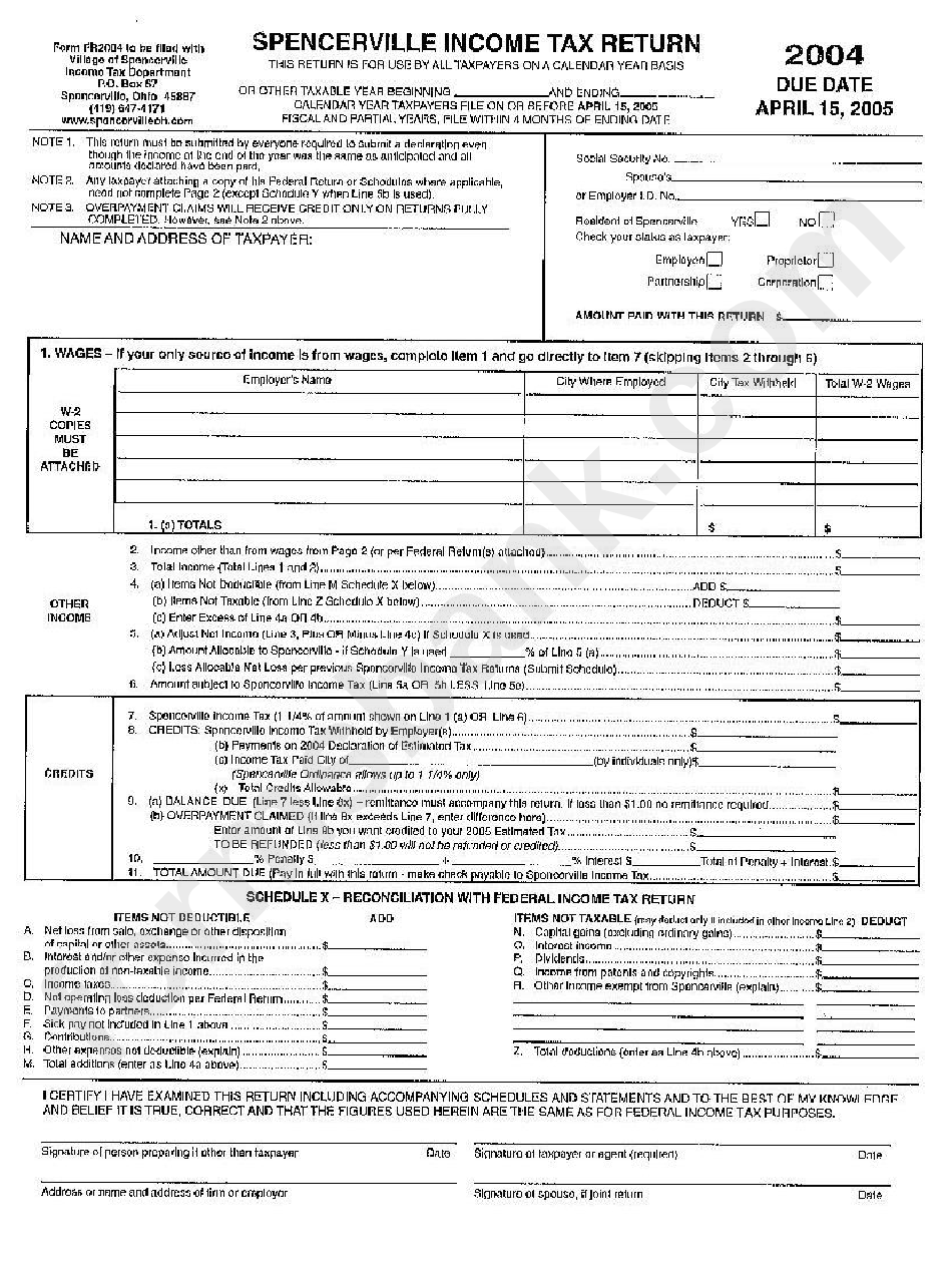 Spencerville Income Tax Return Form - 2004