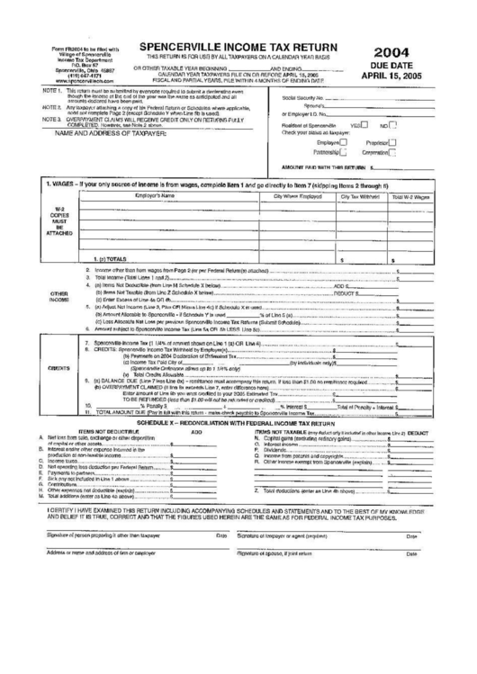 Spencerville Income Tax Return Form - 2004 Printable pdf