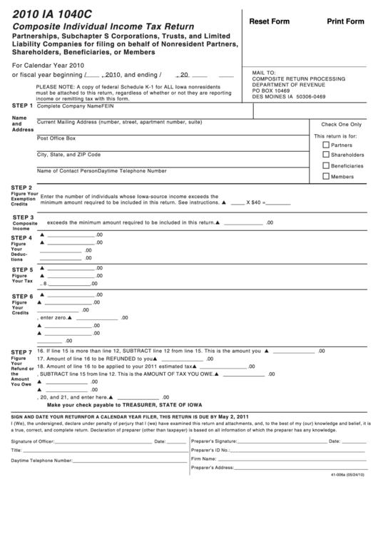 Fillable Form Ia 1040c - Composite Individual Income Tax Return - 2010 Printable pdf